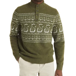Men's Fairisle Button Up Mock Neck Sweater