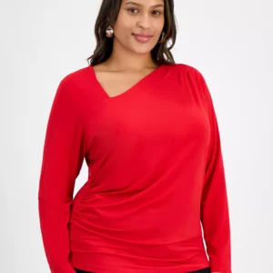 Plus Size Asymmetric-Neck Long-Sleeve Top, Macy's Exclusive