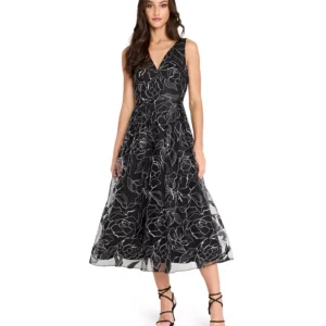 Women's Soutache V-Neck Metallic Midi Dress
