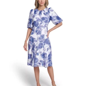 Petite Balloon-Sleeve Printed Midi Dress