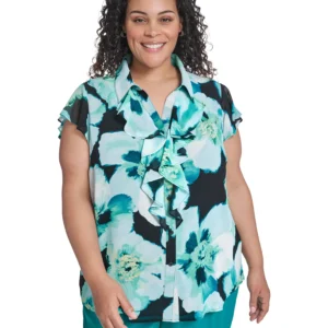 Plus Size Collared Neck Short-Sleeve Top