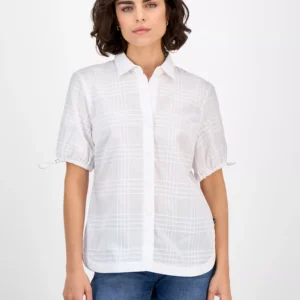Nautica Women's Windowpane Bungee-Sleeve Camp Shirt