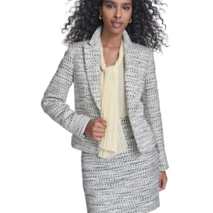 Women's Tweed Open-Front Jacket, Sleeveless Chiffon V-Neck Top, and Tweed Short Pencil Skirt