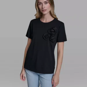 Women's Rose Trim Knit Crew Neck Top