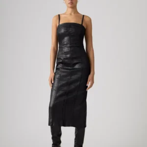Premium Women's Coated Seamed Bustier Denim Midi Dress