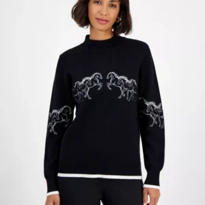 Women's Mock-Neck Embroidered-Horse Sweater