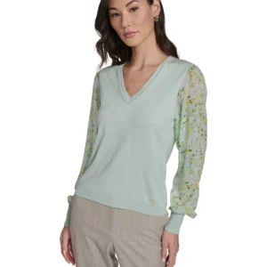Women's Mixed Media V-Neck Sweater