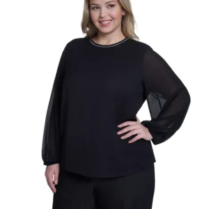 Plus Size Crew Neck Long-Sleeve Blouse