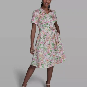 Women's Printed Short-Sleeve Tie-Waist Collared Shirt Dress