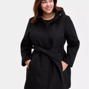 Plus Size Belted Hooded Zip-Front Raincoat