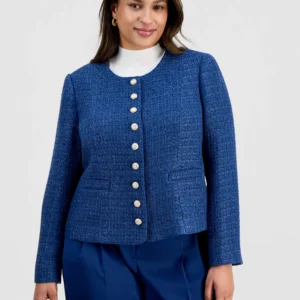 Plus Size Boucle-Knit Collarless Jacket