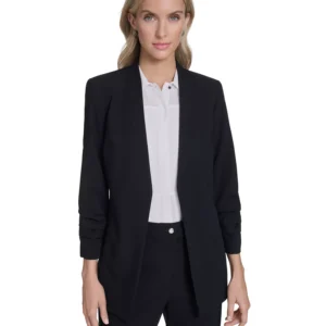 Women's Textured Ruffle Neckline Top, Open Front Ruched Sleeve Jacket, and Modern Fit Pant