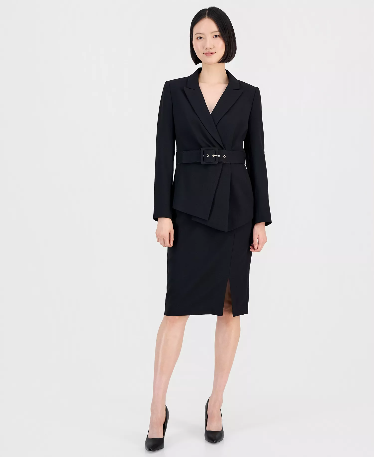 mni-ecdb71cac9a469fcf23a105d482e13ef Women's Asymmetrical Belted Jacket & Pencil Skirt Suit Set