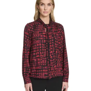 Petite Printed Long Sleeve Tie Neck Top