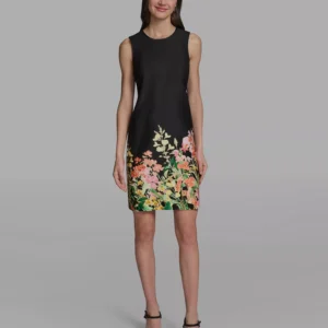 Women's Floral Border Crew Neck Dress