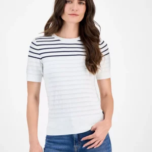 Nautica Women's Short-Sleeve Striped Crewneck Sweater