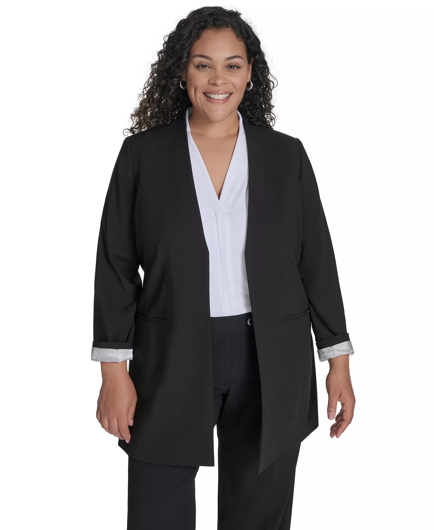mni-efcd23d0ce7f96fb51192884ab1dbd06 Plus Size Collarless Open-Front Topper Blazer