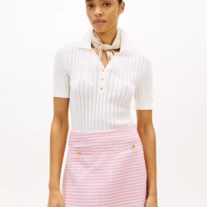 Women's Pointelle Rib Short-Sleeve Polo Sweater