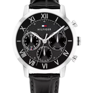 Men's Multifunction Black Leather Strap Watch, 42mm