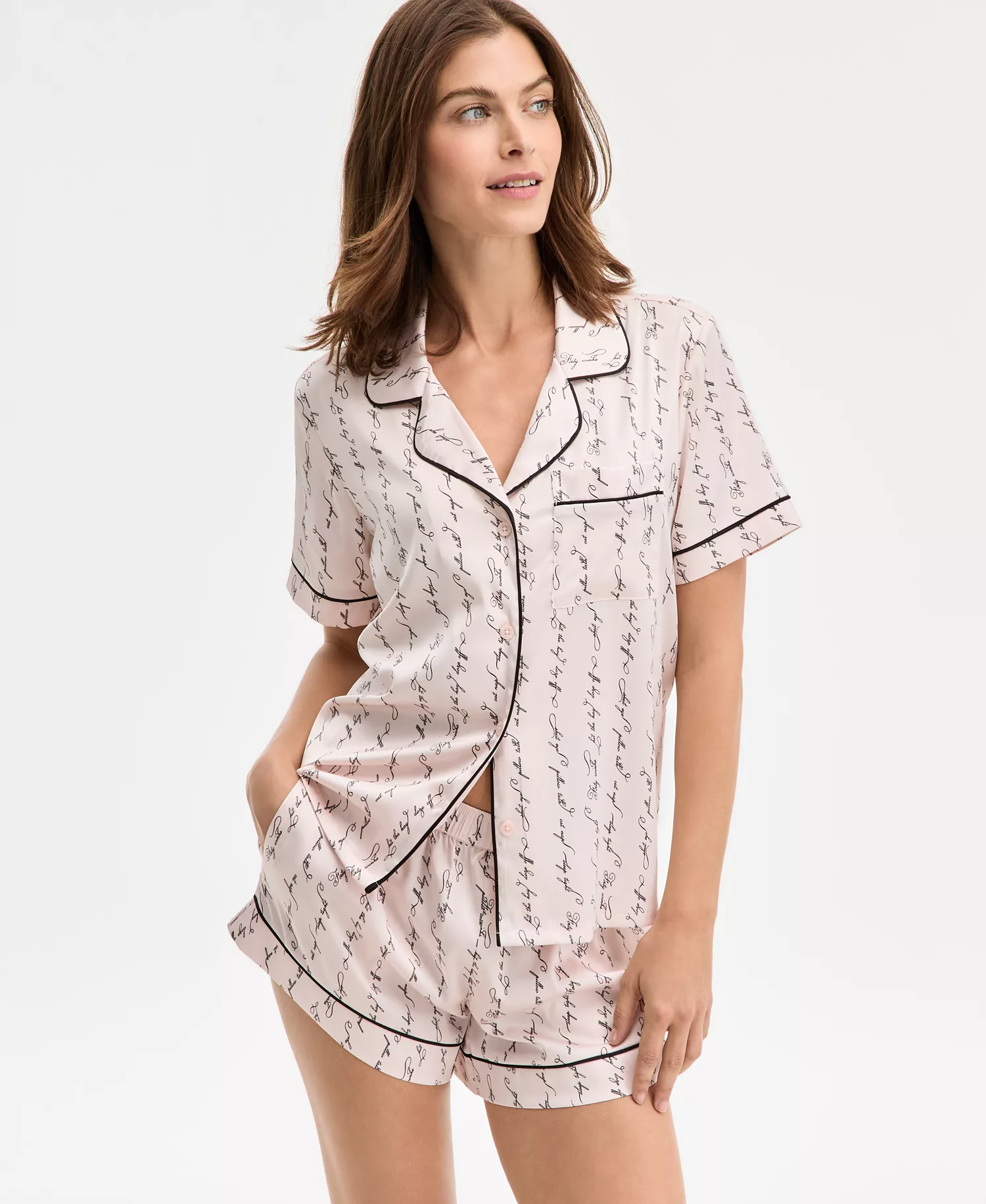 mni-f185d1ccc156a86072faad1ae52e33aa Women's Stretch Satin Short-Sleeve Pajama Set, Exclusively at Macy's