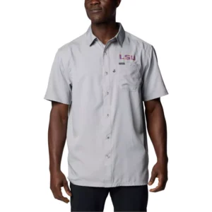 Men's Gray LSU Tigers PFG Slack Tide Omni-Shade Button-Up Camp Shirt