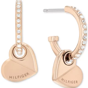 Gold-Tone Stainless Steel Heart Charm Pavé Hoop Earrings