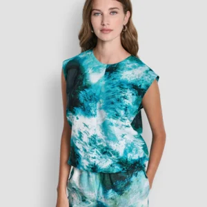 Women's Printed Drawstring Hem Sleeveless Top