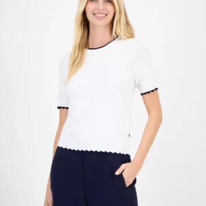 Nautica Women's Scallop-Trim Short Sleeve Crewneck Sweater