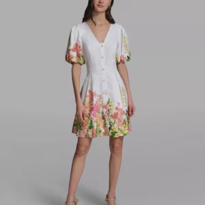 Women's Floral Border Linen Puff-Sleeve Dress
