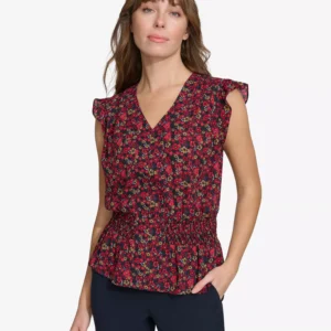 Women's Printed Smocked Cap-Sleeve Top