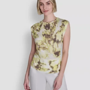 Women's Printed Knit Crew Neck Cap-Sleeve Top