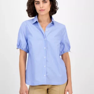 Nautica Women's Striped Bungee-Sleeve Camp Shirt