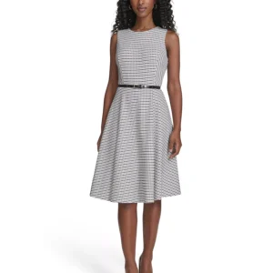 Women's Sleeveless Pick Stitch Knit Belted Midi Dress