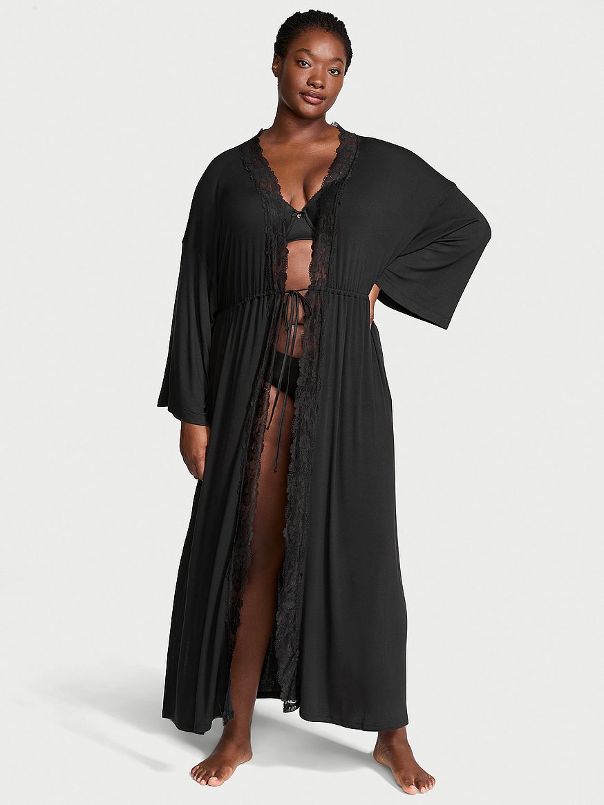 sosoft™ modal ribbed lace trim long robe sosoft™ modal ribbed lace trim long robe