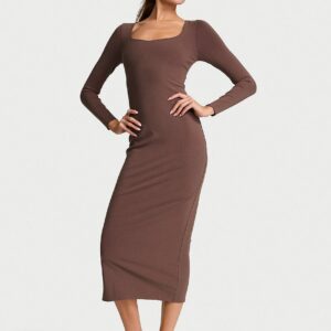 shapewear by victoria smoothing rib long sleeve maxi dress