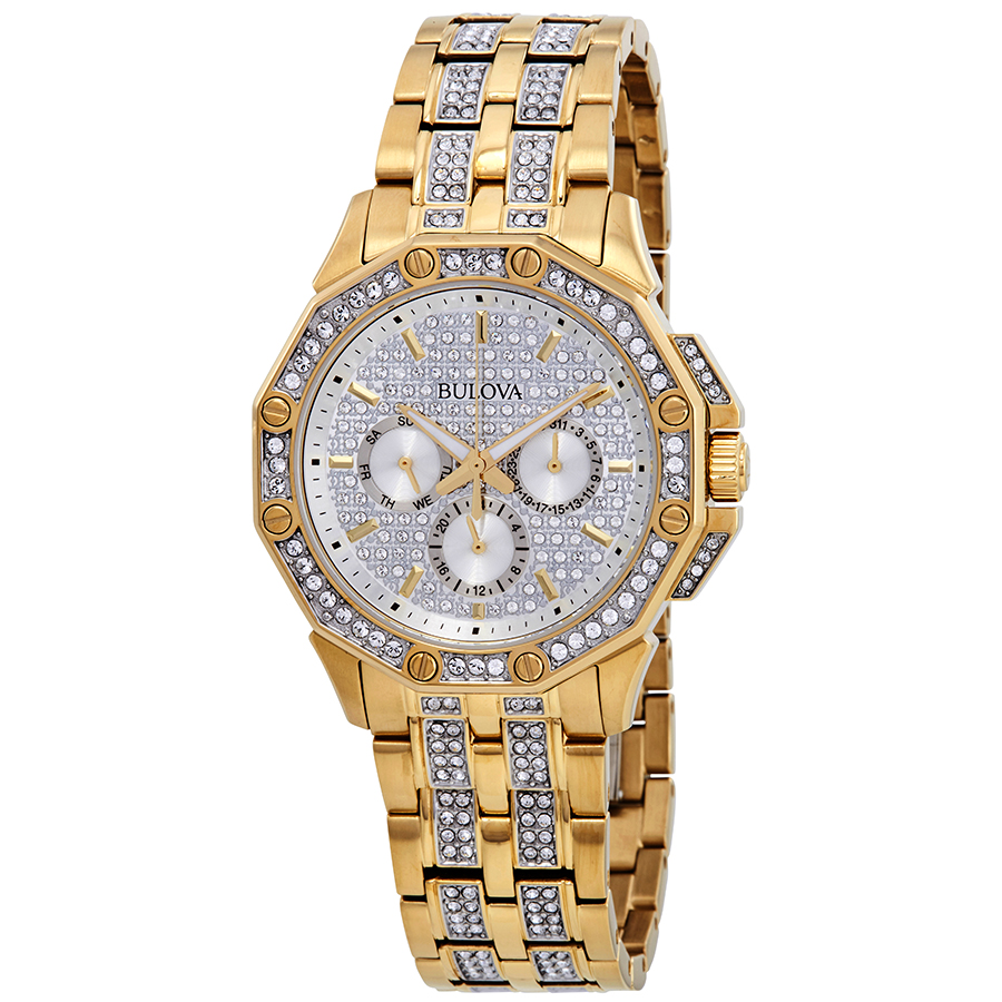 bulova crystal silver dial yellow gold tone men's watch 98c126 bulova crystal silver dial yellow gold tone men's watch 98c126