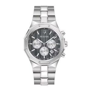 bulova prestige chronograph quartz striped grey dial men's watch 96b459