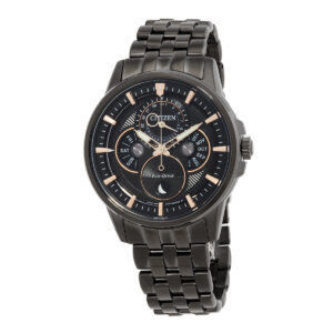 citizen calendrier multifunction black dial black plated men's watch bu0057 54e