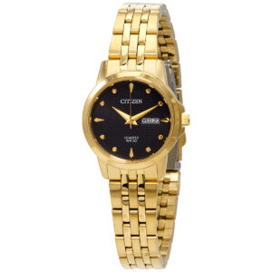citizen quartz black dial gold tone ladies watch eq0603 59f