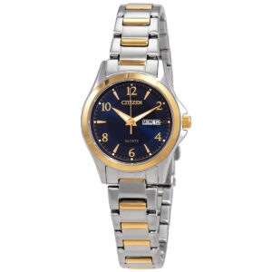 citizen quartz blue dial two tone ladies watch eq0595 55l