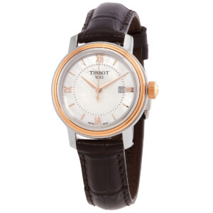 tissot bridgeport quartz white mother of pearl dial brown leather band stainless steel case ladies watch t097.010.26.118.00